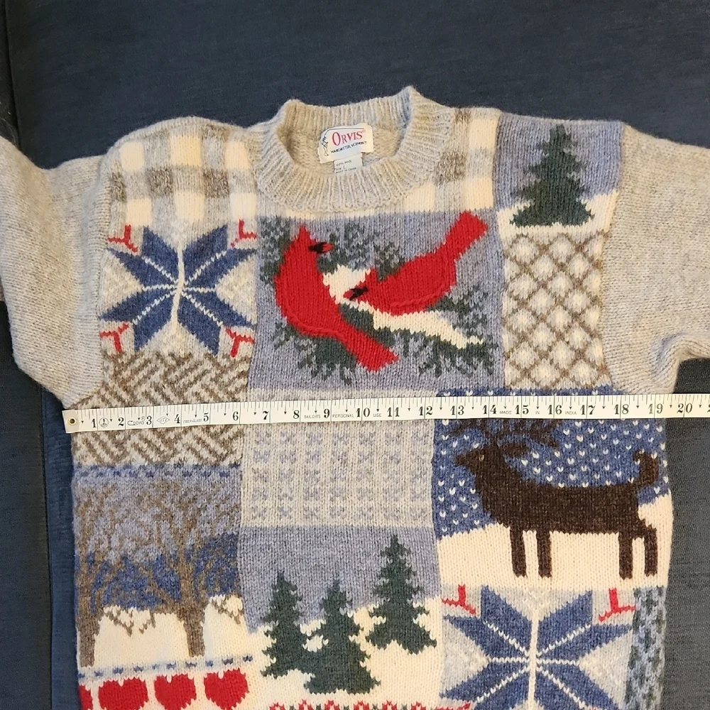 Orvis Winter Intarsia Gray Wool Cardinal Birds Moose Snowflakes Sweater Sz M